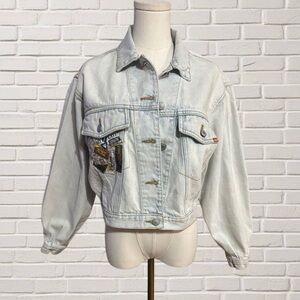 Vintage Jordache 80s 90s Cropped Acid Wash Denim Jacket Patchwork Embroidered